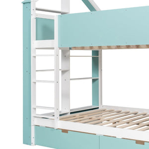 English Elm Full Size Bunk Bed with LED Lighting Storage Drawers and Shelves for Kids Bedroom White+Blue LT000626AAC