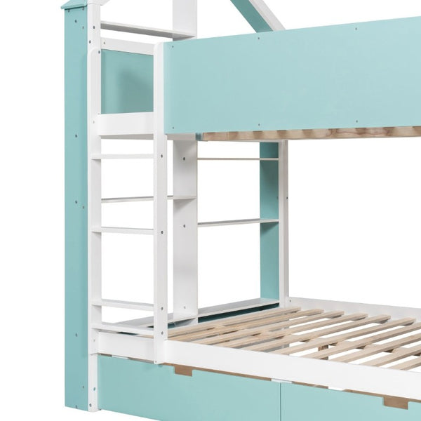 English Elm Full Size Bunk Bed with LED Lighting Storage Drawers and Shelves for Kids Bedroom White+Blue LT000626AAC