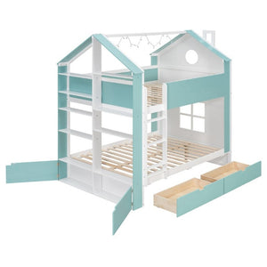 English Elm Full Size Bunk Bed with LED Lighting Storage Drawers and Shelves for Kids Bedroom White+Blue LT000626AAC