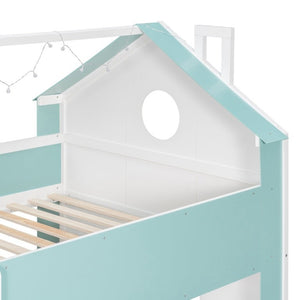 English Elm Full Size Bunk Bed with LED Lighting Storage Drawers and Shelves for Kids Bedroom White+Blue LT000626AAC