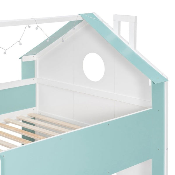 English Elm Full Size Bunk Bed with LED Lighting Storage Drawers and Shelves for Kids Bedroom White+Blue LT000626AAC