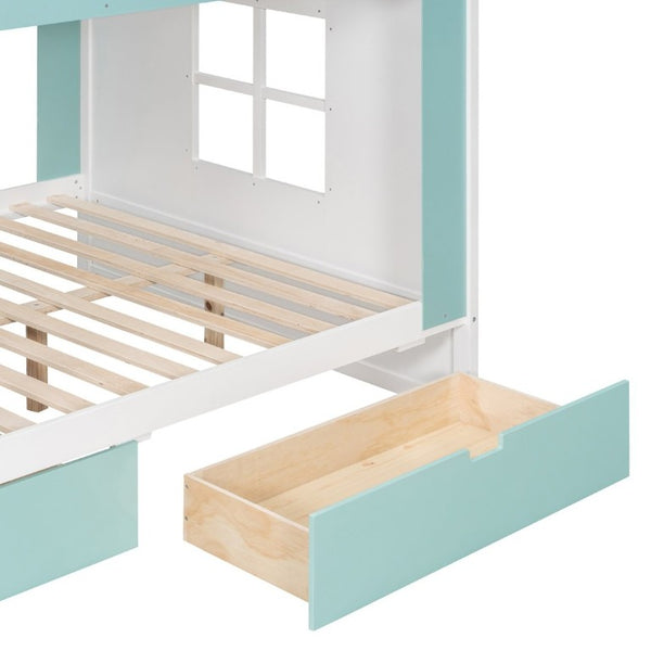 English Elm Full Size Bunk Bed with LED Lighting Storage Drawers and Shelves for Kids Bedroom White+Blue LT000626AAC