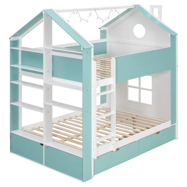 English Elm Full Size Bunk Bed with LED Lighting Storage Drawers and Shelves for Kids Bedroom White+Blue LT000626AAC