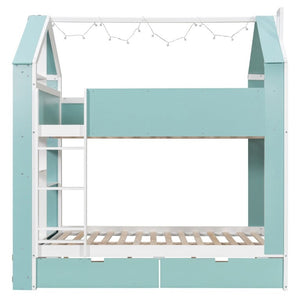 English Elm Full Size Bunk Bed with LED Lighting Storage Drawers and Shelves for Kids Bedroom White+Blue LT000626AAC