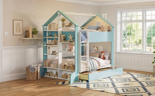 English Elm Full Size Bunk Bed with LED Lighting Storage Drawers and Shelves for Kids Bedroom White+Blue LT000626AAC