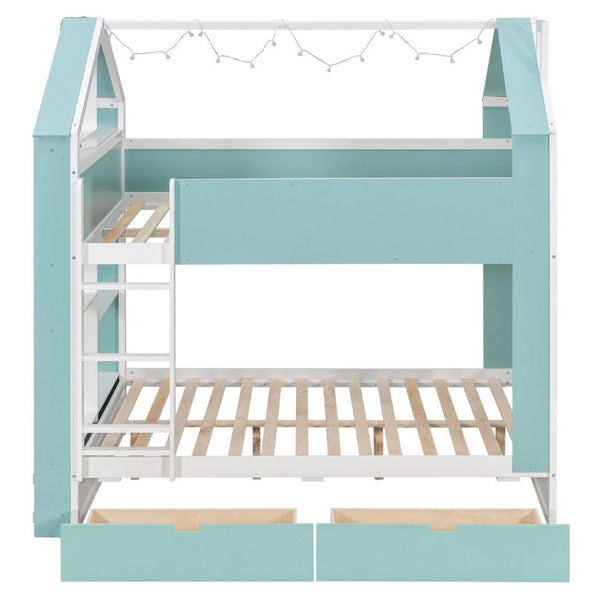 English Elm Full Size Bunk Bed with LED Lighting Storage Drawers and Shelves for Kids Bedroom White+Blue LT000626AAC