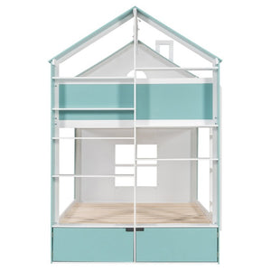 English Elm Full Size Bunk Bed with LED Lighting Storage Drawers and Shelves for Kids Bedroom White+Blue LT000626AAC