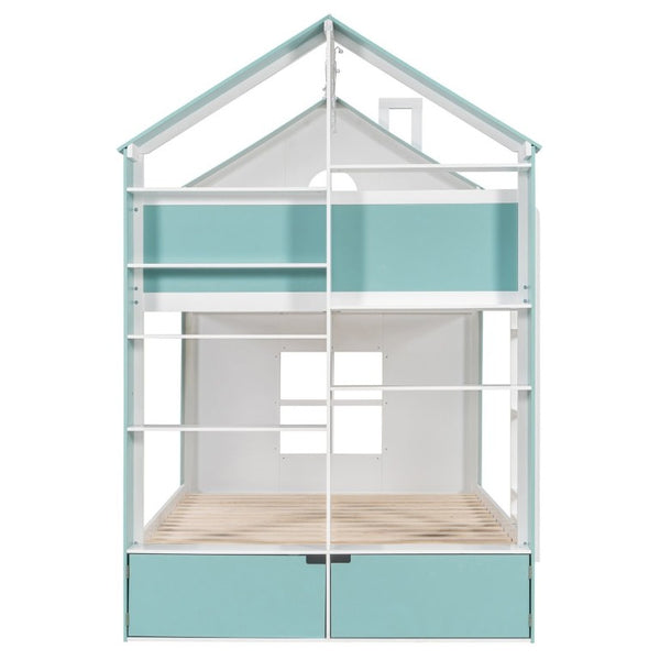 English Elm Full Size Bunk Bed with LED Lighting Storage Drawers and Shelves for Kids Bedroom White+Blue LT000626AAC