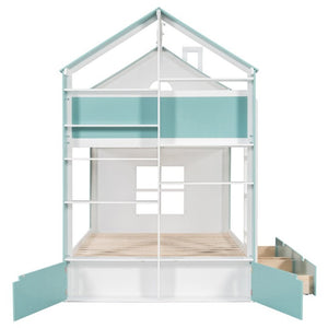 English Elm Full Size Bunk Bed with LED Lighting Storage Drawers and Shelves for Kids Bedroom White+Blue LT000626AAC