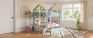 English Elm Full Size Bunk Bed with LED Lighting Storage Drawers and Shelves for Kids Bedroom White+Blue LT000626AAC