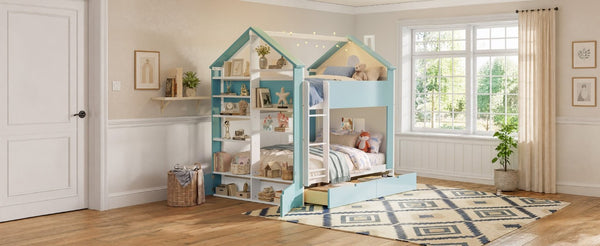 English Elm Full Size Bunk Bed with LED Lighting Storage Drawers and Shelves for Kids Bedroom White+Blue LT000626AAC
