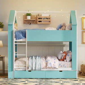 English Elm Full Size Bunk Bed with LED Lighting Storage Drawers and Shelves for Kids Bedroom White+Blue LT000626AAC