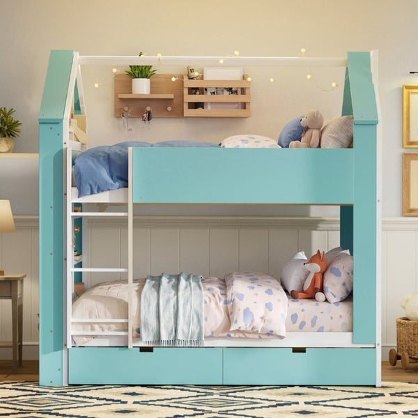 English Elm Full Size Bunk Bed with LED Lighting Storage Drawers and Shelves for Kids Bedroom White+Blue LT000626AAC