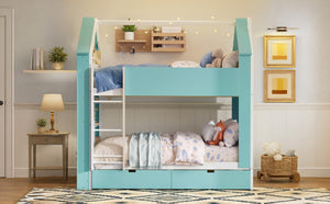 English Elm Full Size Bunk Bed with LED Lighting Storage Drawers and Shelves for Kids Bedroom White+Blue LT000626AAC