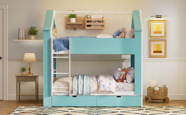 English Elm Full Size Bunk Bed with LED Lighting Storage Drawers and Shelves for Kids Bedroom White+Blue LT000626AAC