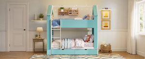 English Elm Full Size Bunk Bed with LED Lighting Storage Drawers and Shelves for Kids Bedroom White+Blue LT000626AAC