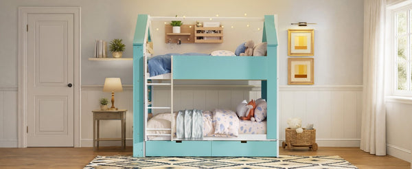 English Elm Full Size Bunk Bed with LED Lighting Storage Drawers and Shelves for Kids Bedroom White+Blue LT000626AAC