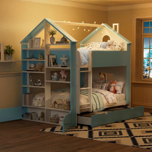 English Elm Full Size Bunk Bed with LED Lighting Storage Drawers and Shelves for Kids Bedroom White+Blue LT000626AAC