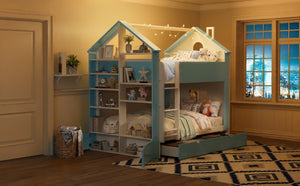 English Elm Full Size Bunk Bed with LED Lighting Storage Drawers and Shelves for Kids Bedroom White+Blue LT000626AAC