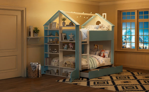 English Elm Full Size Bunk Bed with LED Lighting Storage Drawers and Shelves for Kids Bedroom White+Blue LT000626AAC