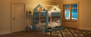 English Elm Full Size Bunk Bed with LED Lighting Storage Drawers and Shelves for Kids Bedroom White+Blue LT000626AAC