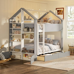 English Elm Full Size Bunk Bed with LED Lighting Storage Drawers and Shelves for Kids Bedroom White+Gray LT000626AAE