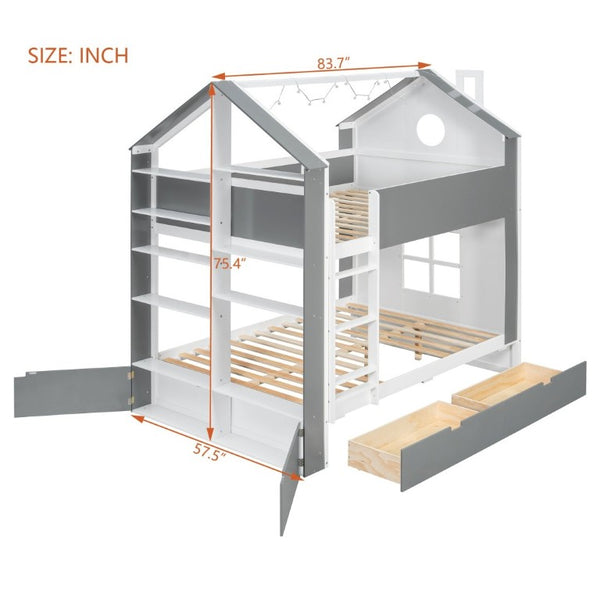 English Elm Full Size Bunk Bed with LED Lighting Storage Drawers and Shelves for Kids Bedroom White+Gray LT000626AAE
