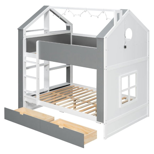 English Elm Full Size Bunk Bed with LED Lighting Storage Drawers and Shelves for Kids Bedroom White+Gray LT000626AAE