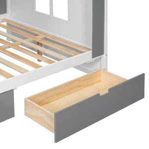 English Elm Full Size Bunk Bed with LED Lighting Storage Drawers and Shelves for Kids Bedroom White+Gray LT000626AAE