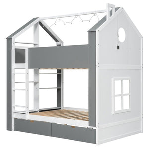 English Elm Full Size Bunk Bed with LED Lighting Storage Drawers and Shelves for Kids Bedroom White+Gray LT000626AAE