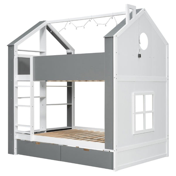 English Elm Full Size Bunk Bed with LED Lighting Storage Drawers and Shelves for Kids Bedroom White+Gray LT000626AAE