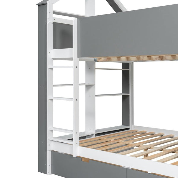 English Elm Full Size Bunk Bed with LED Lighting Storage Drawers and Shelves for Kids Bedroom White+Gray LT000626AAE