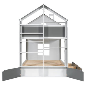 English Elm Full Size Bunk Bed with LED Lighting Storage Drawers and Shelves for Kids Bedroom White+Gray LT000626AAE