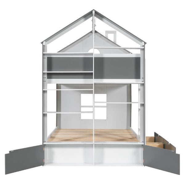 English Elm Full Size Bunk Bed with LED Lighting Storage Drawers and Shelves for Kids Bedroom White+Gray LT000626AAE