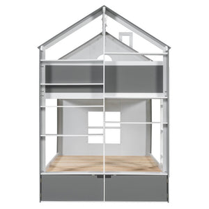 English Elm Full Size Bunk Bed with LED Lighting Storage Drawers and Shelves for Kids Bedroom White+Gray LT000626AAE