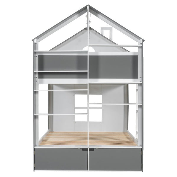 English Elm Full Size Bunk Bed with LED Lighting Storage Drawers and Shelves for Kids Bedroom White+Gray LT000626AAE