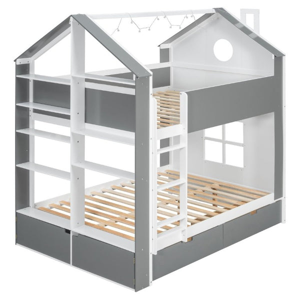 English Elm Full Size Bunk Bed with LED Lighting Storage Drawers and Shelves for Kids Bedroom White+Gray LT000626AAE