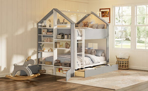 English Elm Full Size Bunk Bed with LED Lighting Storage Drawers and Shelves for Kids Bedroom White+Gray LT000626AAE