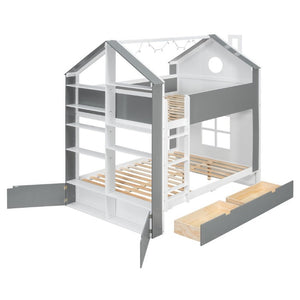 English Elm Full Size Bunk Bed with LED Lighting Storage Drawers and Shelves for Kids Bedroom White+Gray LT000626AAE