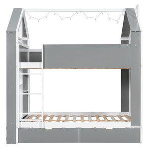 English Elm Full Size Bunk Bed with LED Lighting Storage Drawers and Shelves for Kids Bedroom White+Gray LT000626AAE