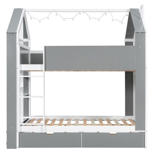 English Elm Full Size Bunk Bed with LED Lighting Storage Drawers and Shelves for Kids Bedroom White+Gray LT000626AAE