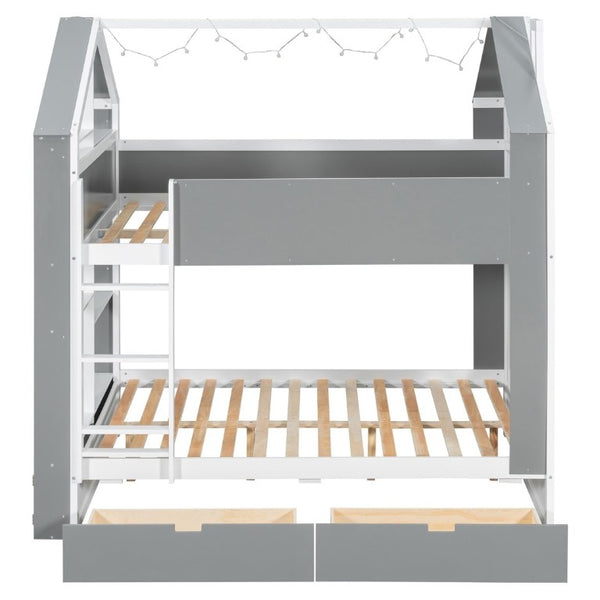 English Elm Full Size Bunk Bed with LED Lighting Storage Drawers and Shelves for Kids Bedroom White+Gray LT000626AAE
