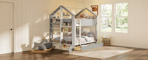 English Elm Full Size Bunk Bed with LED Lighting Storage Drawers and Shelves for Kids Bedroom White+Gray LT000626AAE
