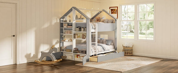 English Elm Full Size Bunk Bed with LED Lighting Storage Drawers and Shelves for Kids Bedroom White+Gray LT000626AAE
