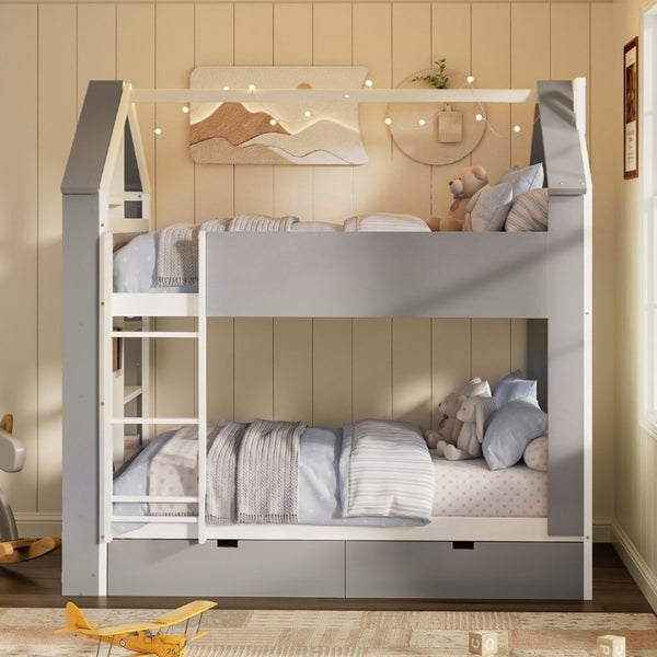 English Elm Full Size Bunk Bed with LED Lighting Storage Drawers and Shelves for Kids Bedroom White+Gray LT000626AAE