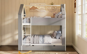 English Elm Full Size Bunk Bed with LED Lighting Storage Drawers and Shelves for Kids Bedroom White+Gray LT000626AAE