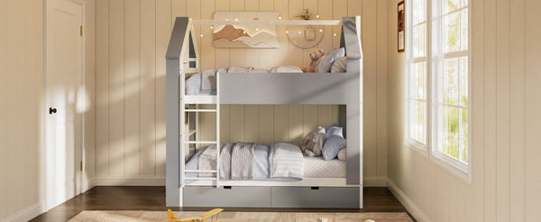 English Elm Full Size Bunk Bed with LED Lighting Storage Drawers and Shelves for Kids Bedroom White+Gray LT000626AAE