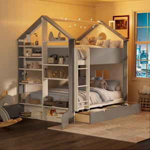 English Elm Full Size Bunk Bed with LED Lighting Storage Drawers and Shelves for Kids Bedroom White+Gray LT000626AAE