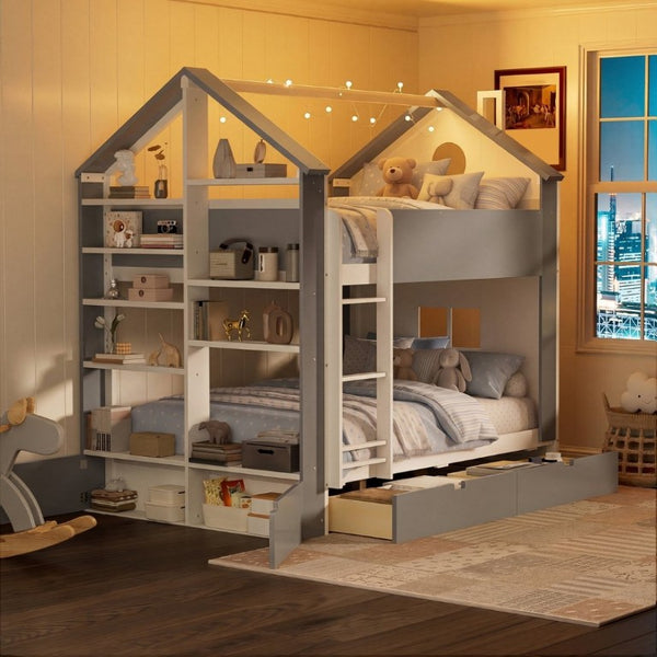 English Elm Full Size Bunk Bed with LED Lighting Storage Drawers and Shelves for Kids Bedroom White+Gray LT000626AAE