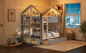 English Elm Full Size Bunk Bed with LED Lighting Storage Drawers and Shelves for Kids Bedroom White+Gray LT000626AAE